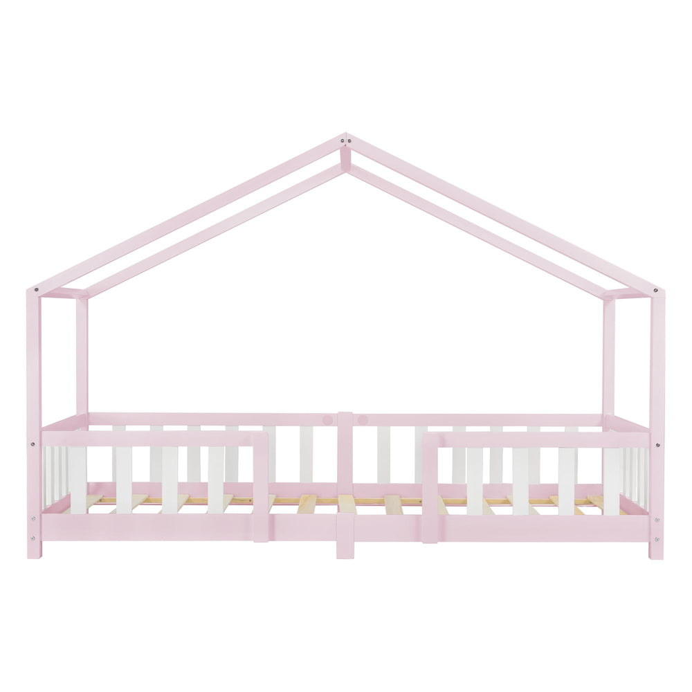 Lit cabane avec barrière + matelas - 90x200cm - Rose & Blanc
