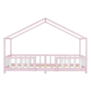 Lit cabane avec barrière + matelas - 90x200cm - Rose & Blanc