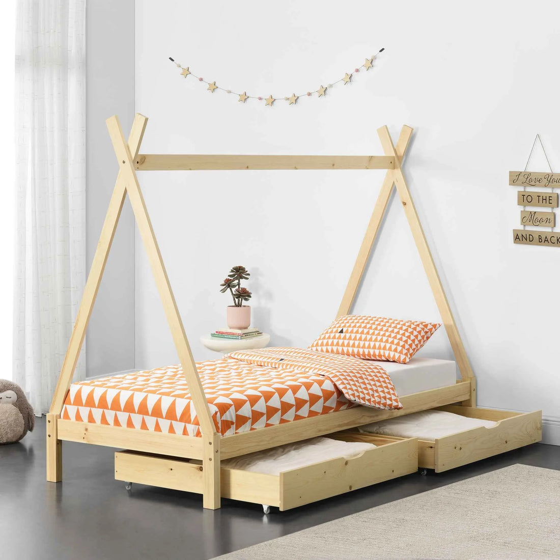 Tipi bed 90x200cm met opberglades - Natuurlijk hout