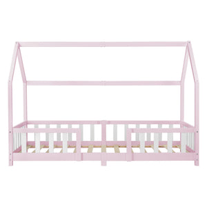 Lit cabane avec barrière + matelas - 90x200cm - Rose & Blanc
