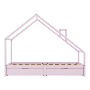 Lit cabane avec tiroirs de rangement + matelas - 90x200cm - Rose