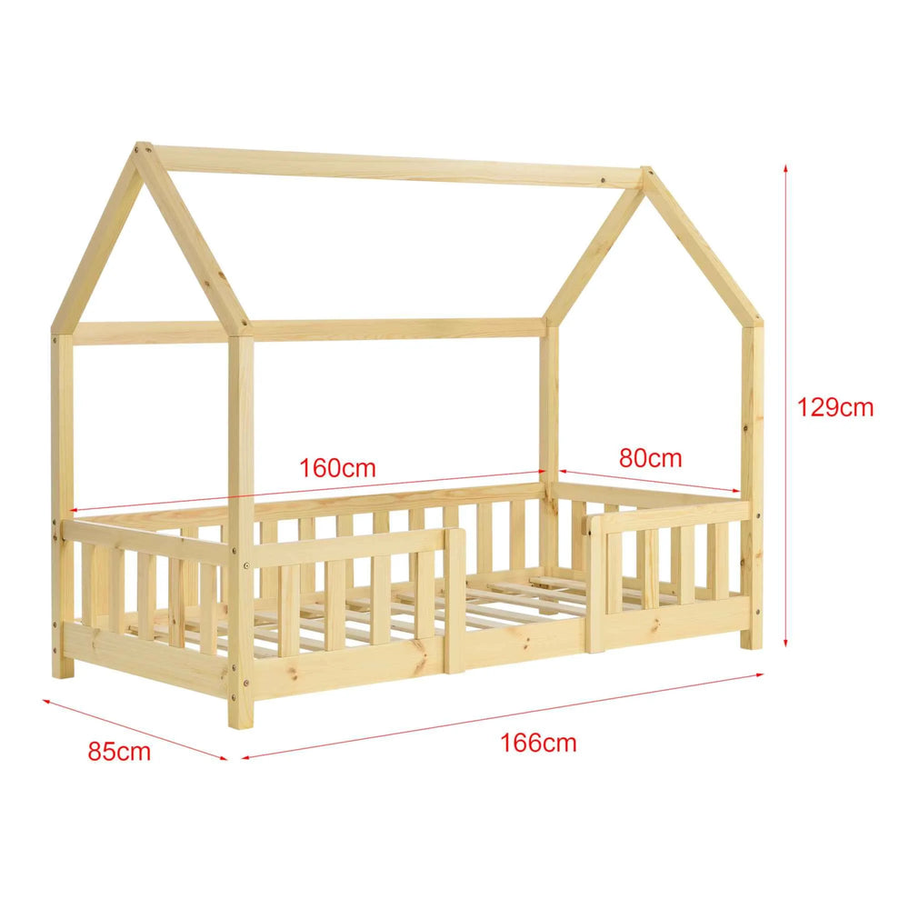 Lit cabane avec barrière - 80x160cm - Bois naturel