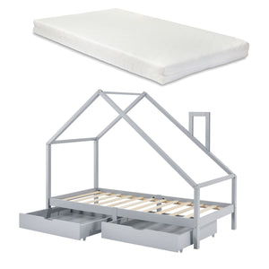 Lit cabane avec tiroirs de rangement et matelas 90x200cm - Gris