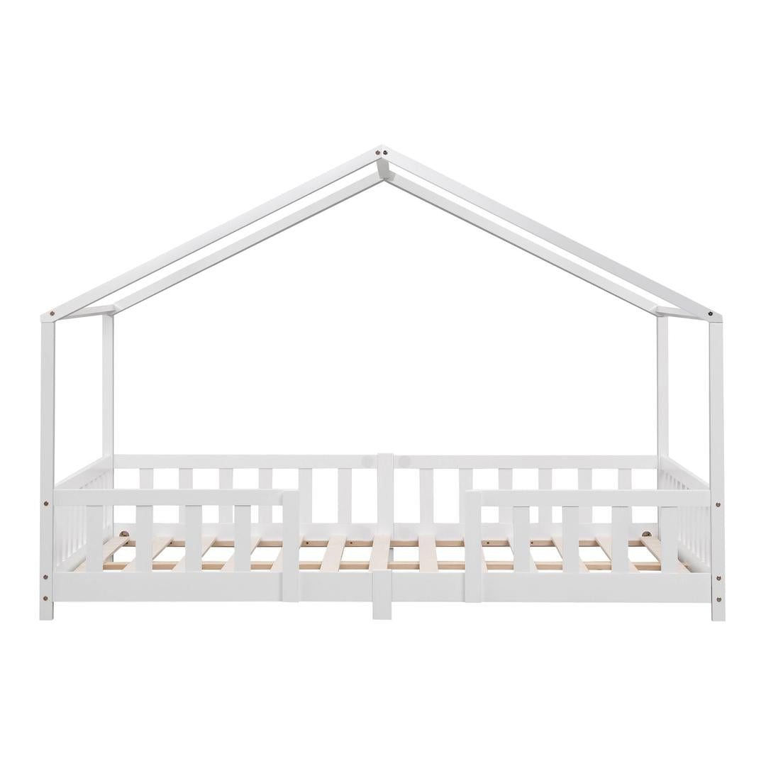 Grand lit cabane double avec barrière et matelas - 140x200cm - Blanc
