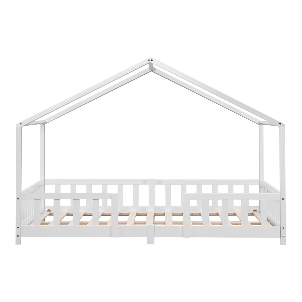 Grand lit cabane double avec barrière et matelas - 140x200cm - Blanc