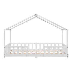 Grand lit cabane double avec barrière et matelas - 140x200cm - Blanc