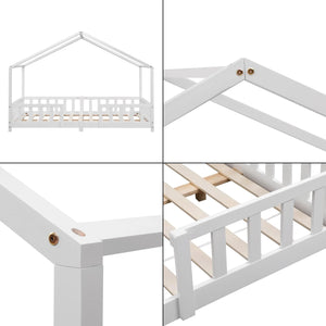 Grand lit cabane double avec barrière - 140x200cm - Blanc