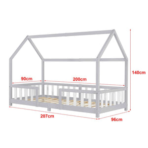 Lit cabane avec barrière - 90x200cm - Gris