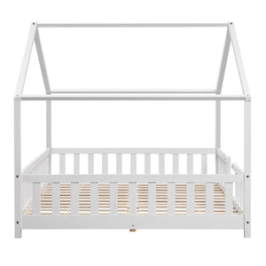 Grand lit cabane double avec barrière - 140x200cm - Blanc