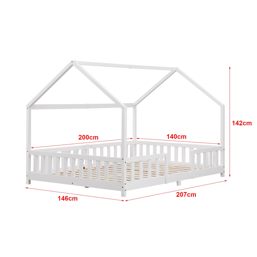 Grand lit cabane avec barrière et matelas - 140x200cm - Blanc