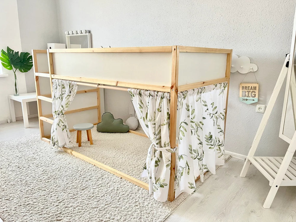 Rideau lit Kura Ikea blanc imprimé feuillage