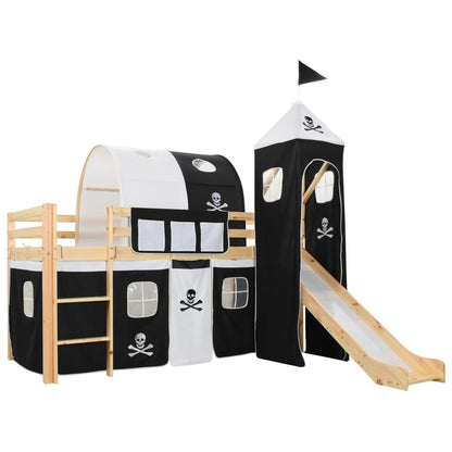 Lit cabane mezzanine avec toboggan et tente pirate - 90x200cm - Bois naturel