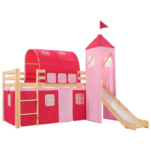 Lit cabane mezzanine avec toboggan et tente princesse - 90x200cm - Bois naturel