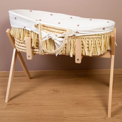 Couffin raphia avec matelas & housse motif petits cœurs