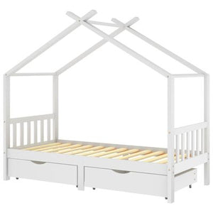Lit cabane bois avec deux tiroirs de rangement 90x200cm - Blanc