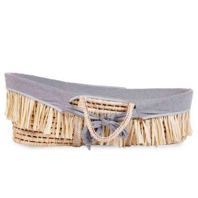 Raffia wieg met matras en grijze hoes