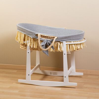 Raffia wieg met matras en grijze hoes