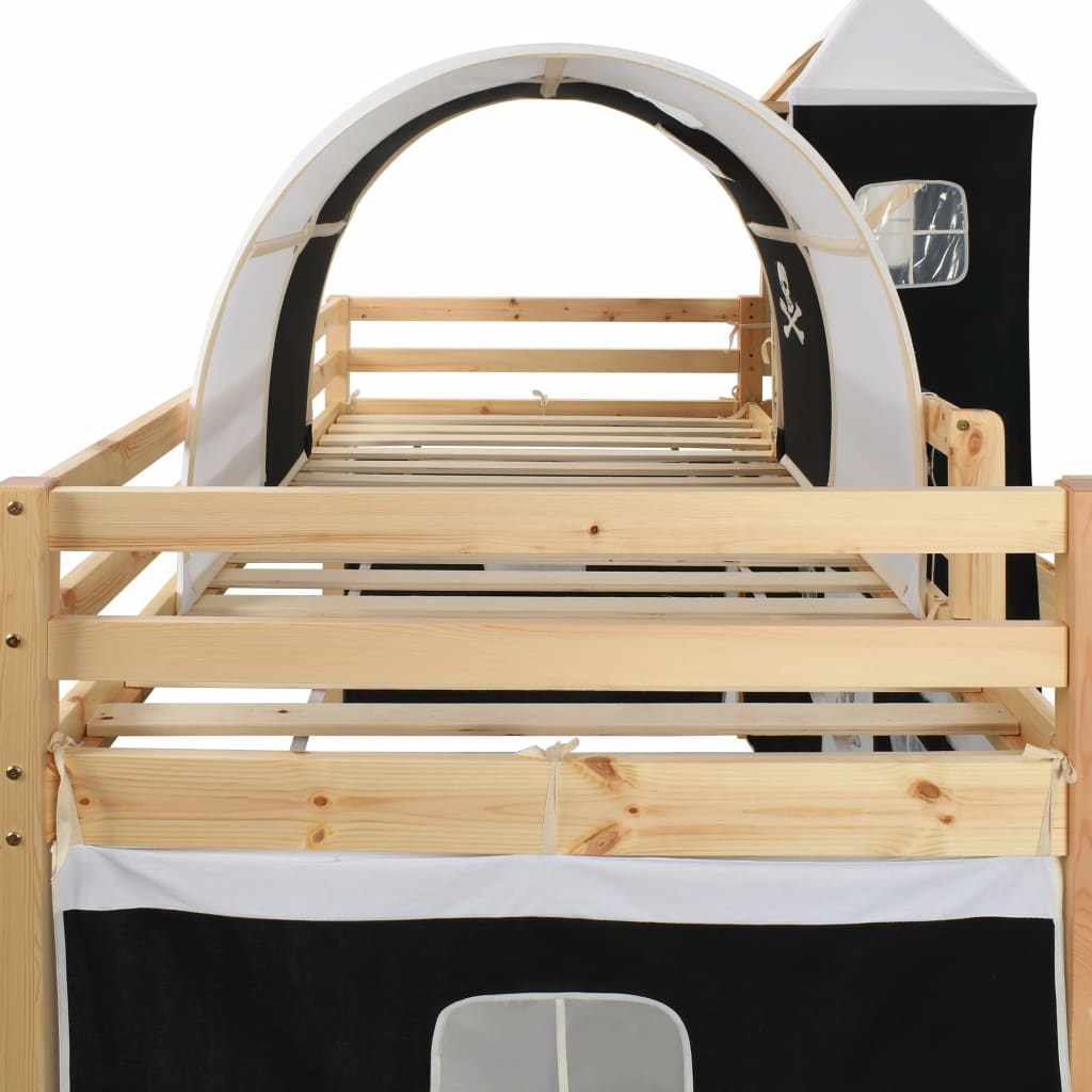 Lit cabane mezzanine avec toboggan et tente pirate - 90x200cm - Bois naturel