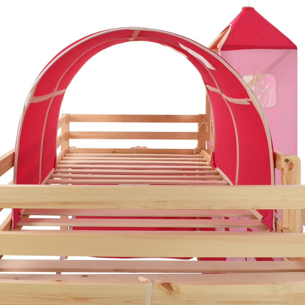 Lit cabane mezzanine avec toboggan et tente princesse - 90x200cm - Bois naturel