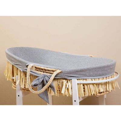 Raffia wieg met matras en grijze hoes