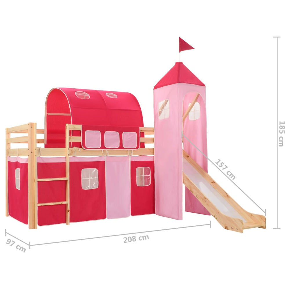 Lit cabane mezzanine avec toboggan et tente princesse - 90x200cm - Bois naturel