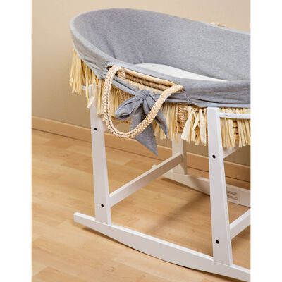 Raffia wieg met matras en grijze hoes